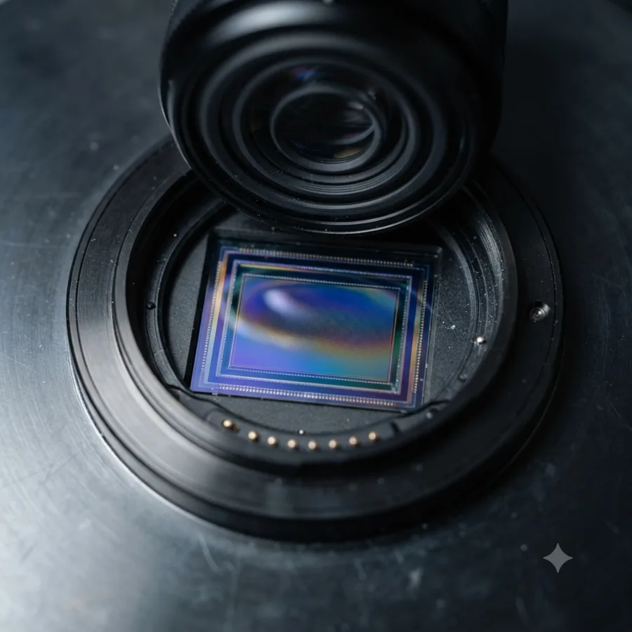 Macro close-up of a dash cam camera lens and image sensor module glowing under amber light.