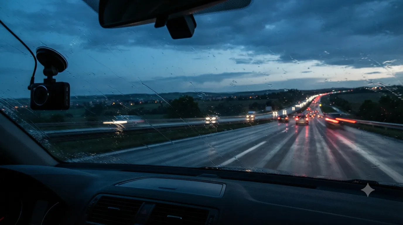 A compact dash cam suction-mounted to a car windshield, pointed down a rain-slicked multi-lane highway at dusk with headlights and taillights ahead.
