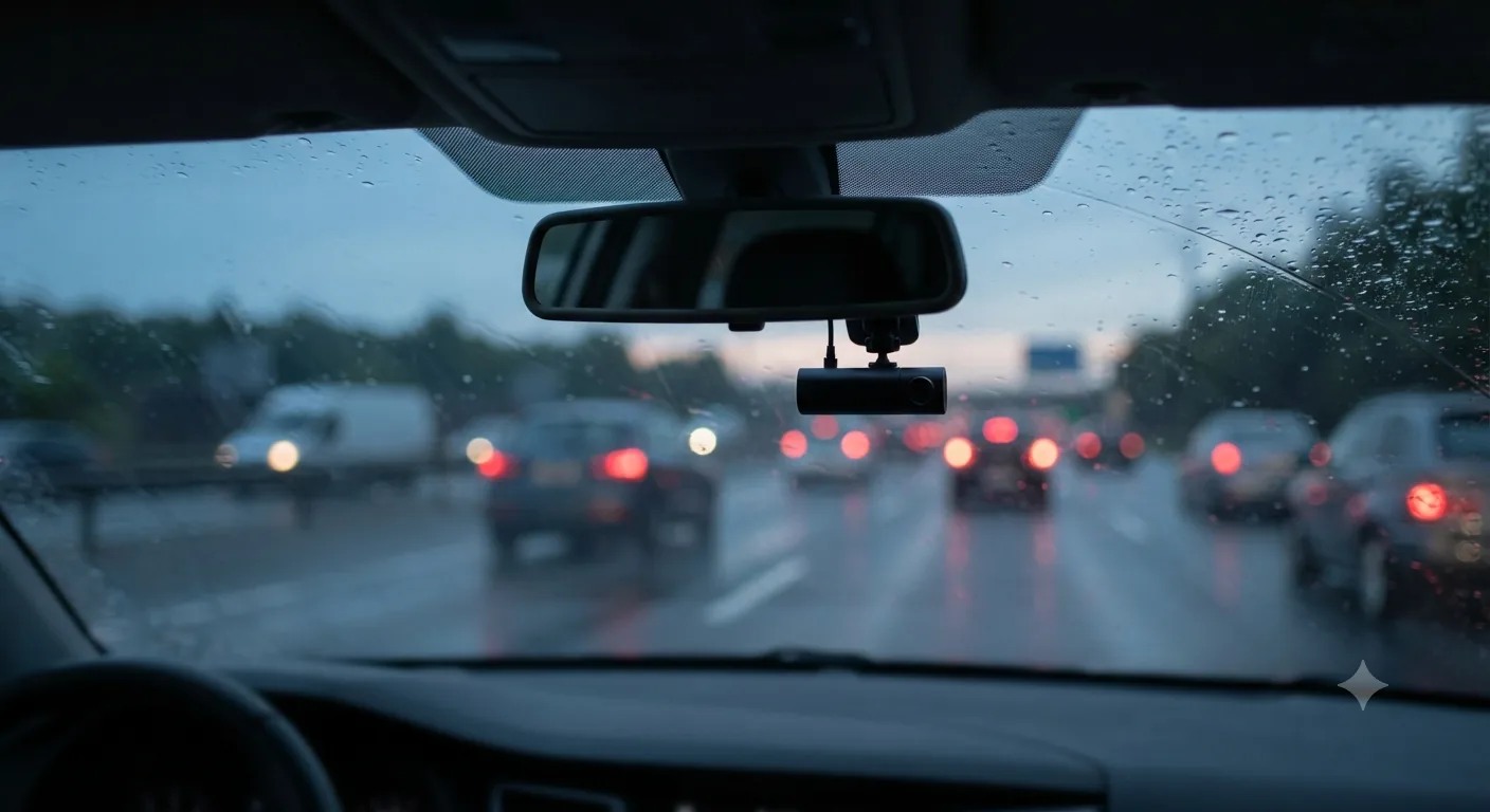 View through a rain-covered windshield of a small dash cam mounted beside the rear-view mirror, with traffic and lit brake lights on a wet road ahead.
