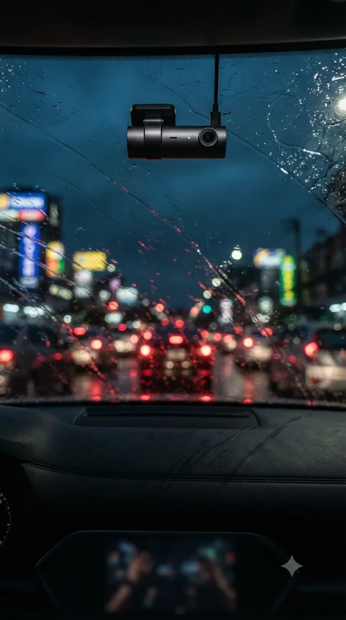 View through a rain-covered windshield at night, headlights and city lights blurred into amber and blue bokeh.